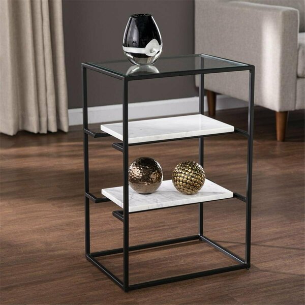 Homeroots 24 in. Glass & Marble Rectangular End Table with Two Shelves Black 402263